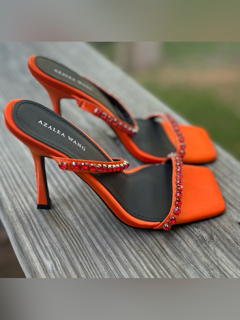 Azalea Wang Satin Orange Embellished  Heeled Mules - Picture 2 of 5